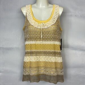 NWT NIC+ZOE Top Womens S Tank Linen Blend Crochet Lace Yellow Sleeveless Boho